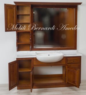 Mobile bagno in legno massiccio con lavello semincasso marmo bianco di Carrara e specchiera
